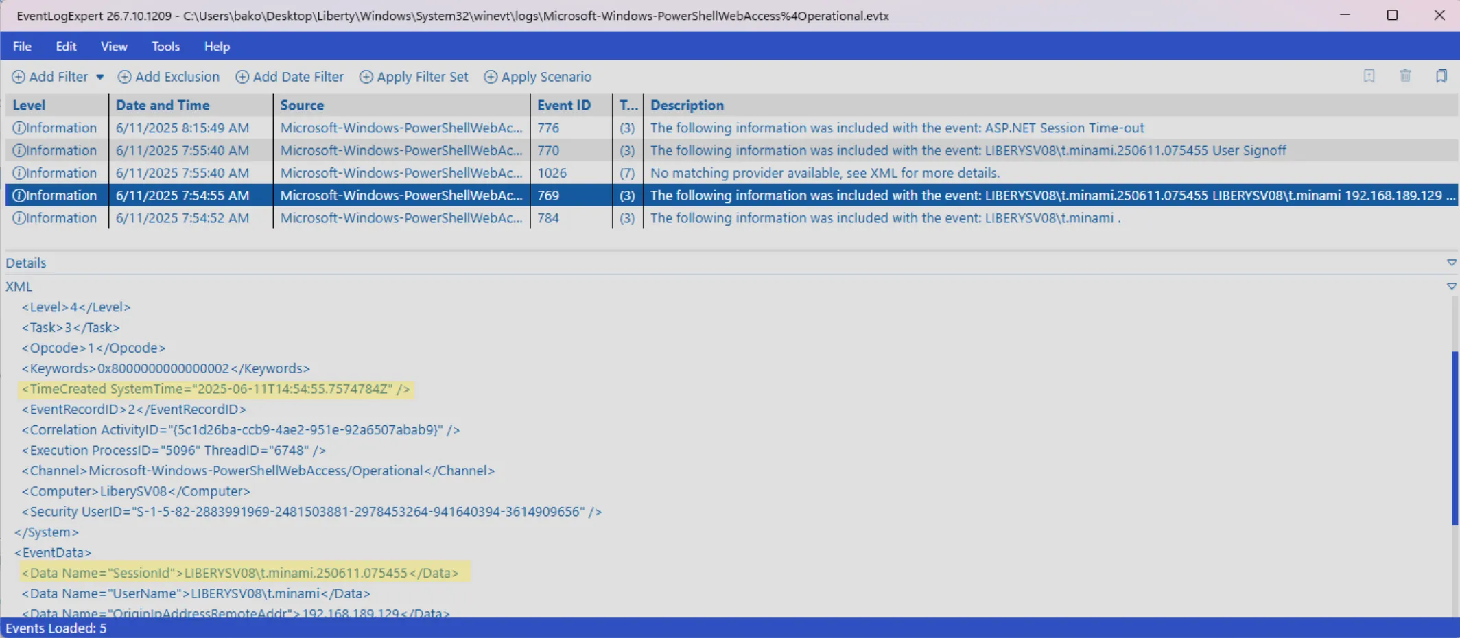 PowerShell Web Access operational log session created event with system creation time highlighted