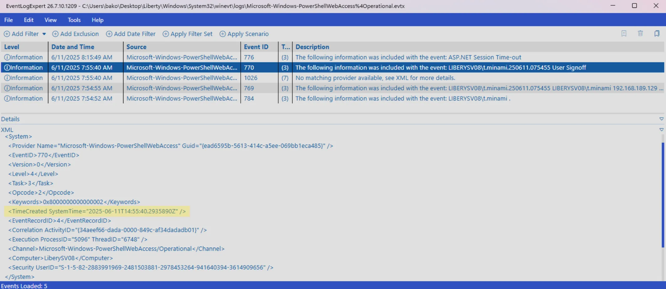 PowerShell Web Access operational log signoff event with the session termination timestamp