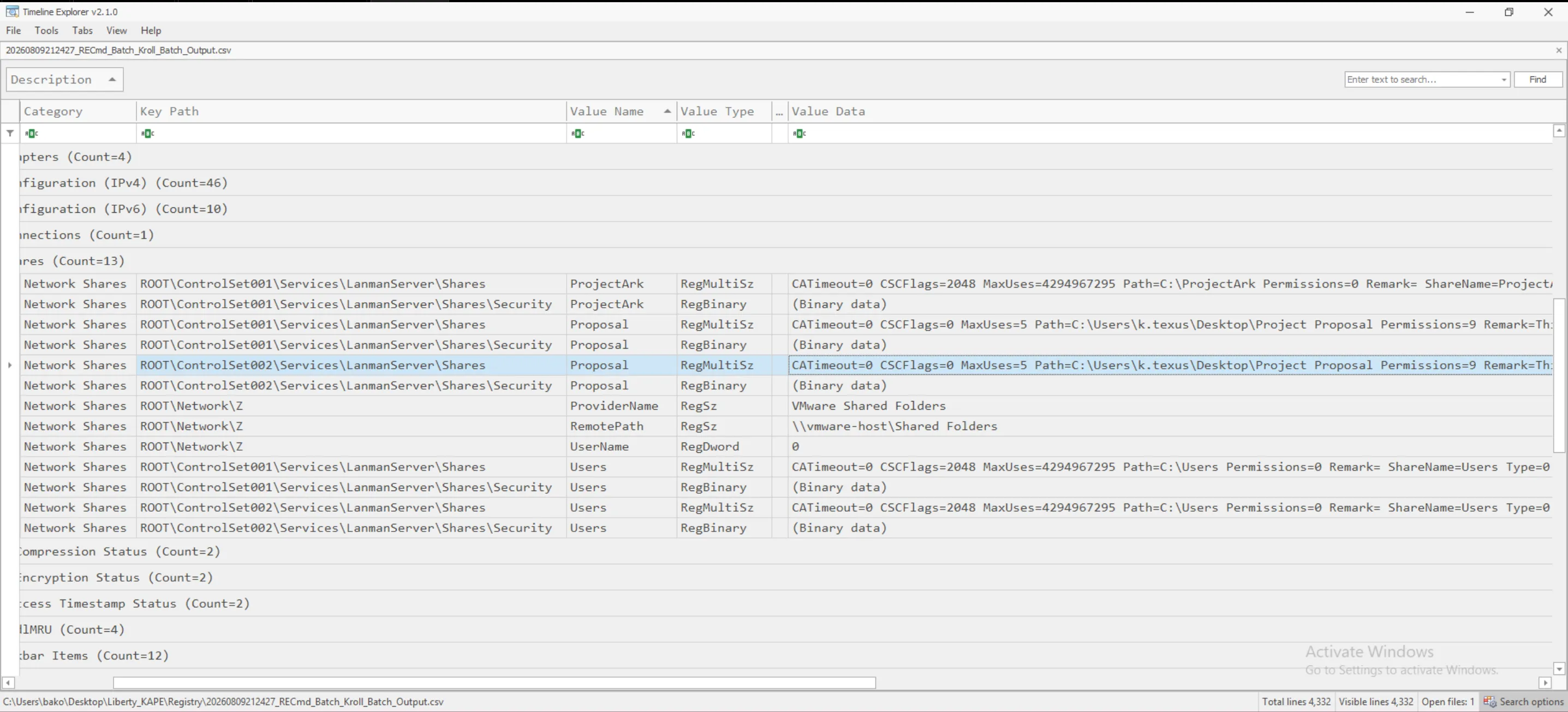 Registry entry for the Proposal network share under LanmanServer\Shares showing wide-open permissions